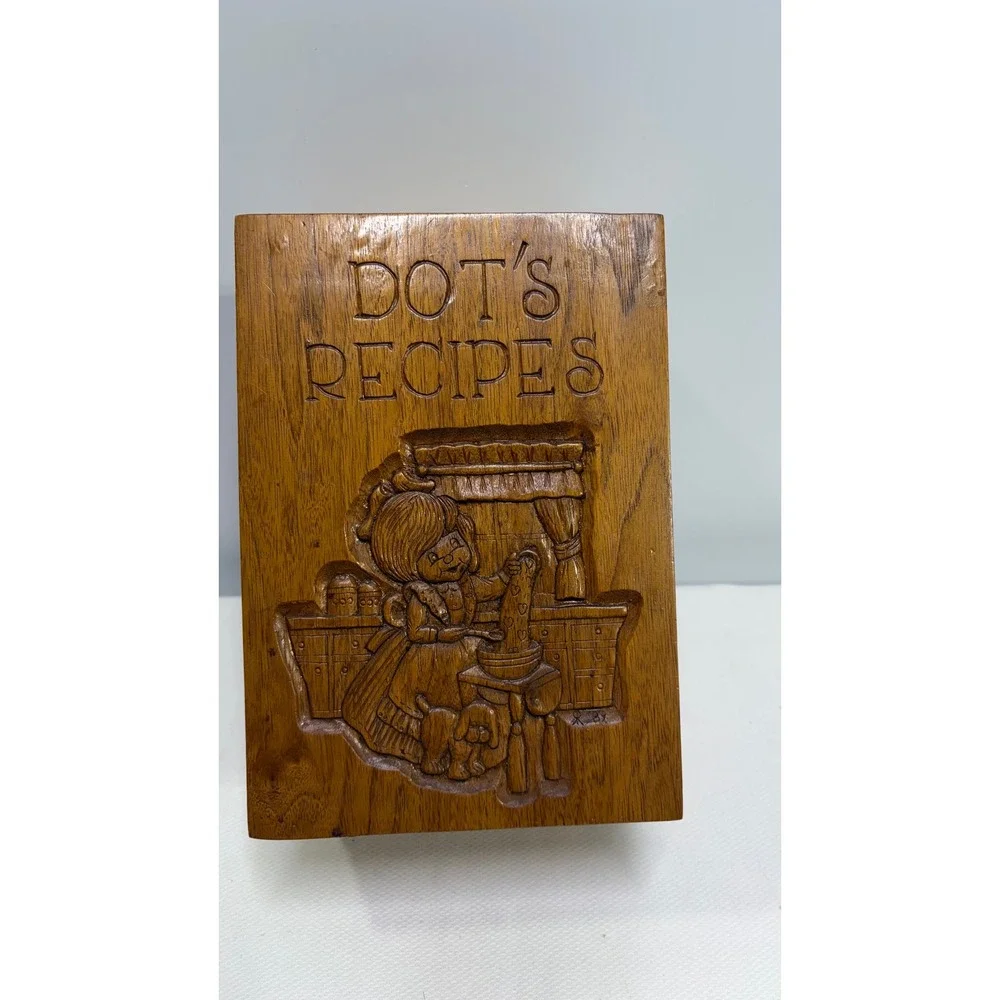 Vintage Hand Carved Wooden Recipe Box Dots Recipes Rustic Kitchen Decor Brown